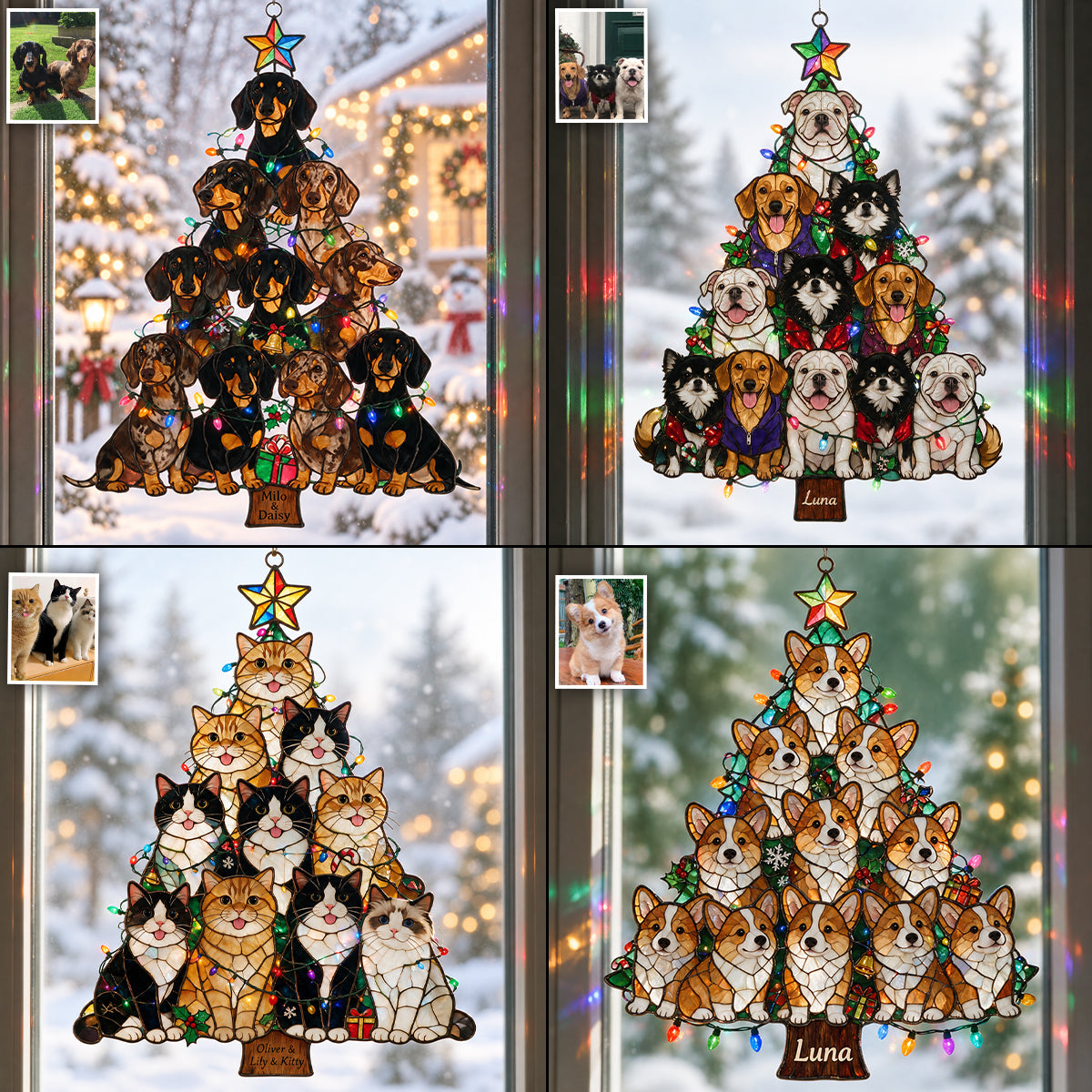 Pet Christmas Tree Stained Glass - Personalized Dog 3D Printed Glass Suncatcher