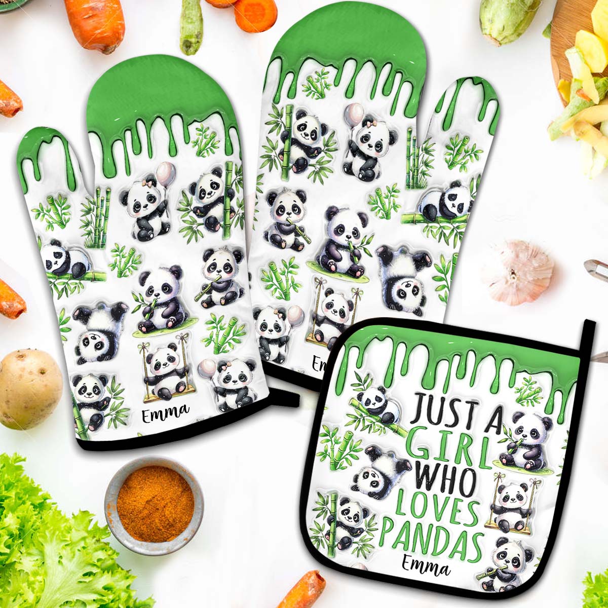 Une fille qui adore les pandas - Ensemble de gants de cuisine et maniques personnalisés