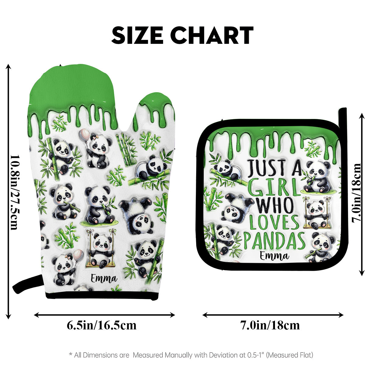 Une fille qui adore les pandas - Ensemble de gants de cuisine et maniques personnalisés