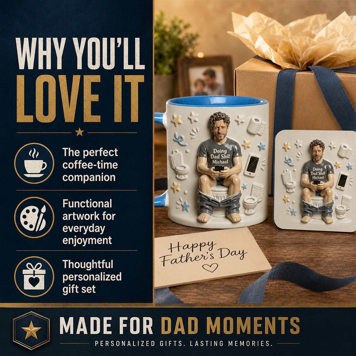 Beste Tageszeit - Personalisierte Vater-Tasse & Untersetzer