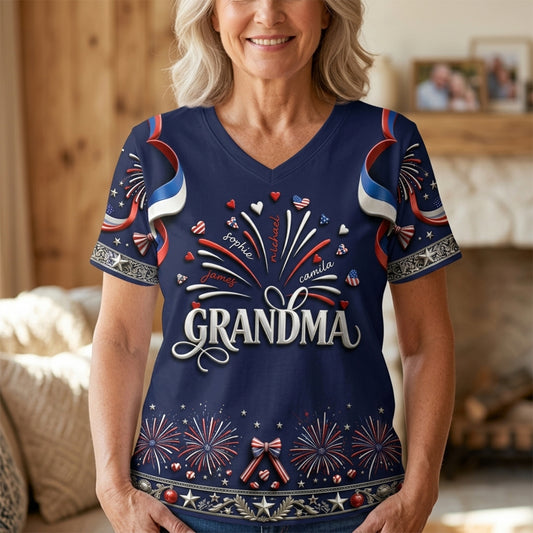 Patriotisches Oma-Shirt - Personalisiertes, vollbedrucktes V-Ausschnitt T-Shirt