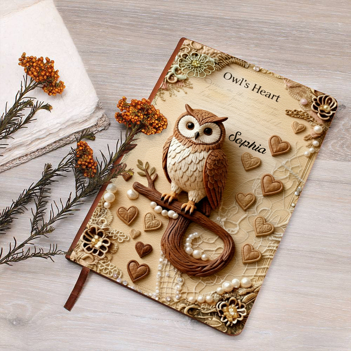 Le Cœur du Hibou - Carnet en cuir personnalisé avec hibou