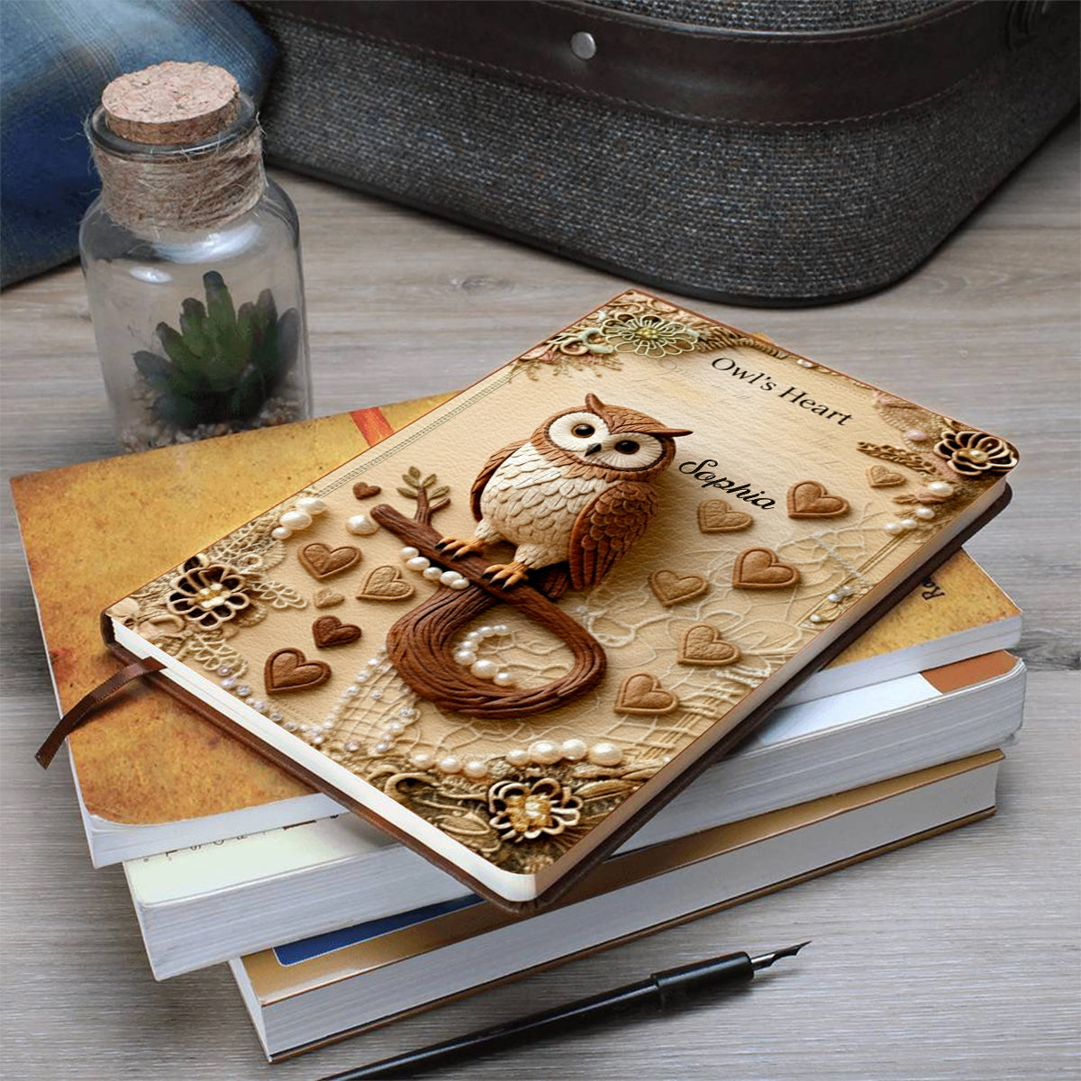 Le Cœur du Hibou - Carnet en cuir personnalisé avec hibou