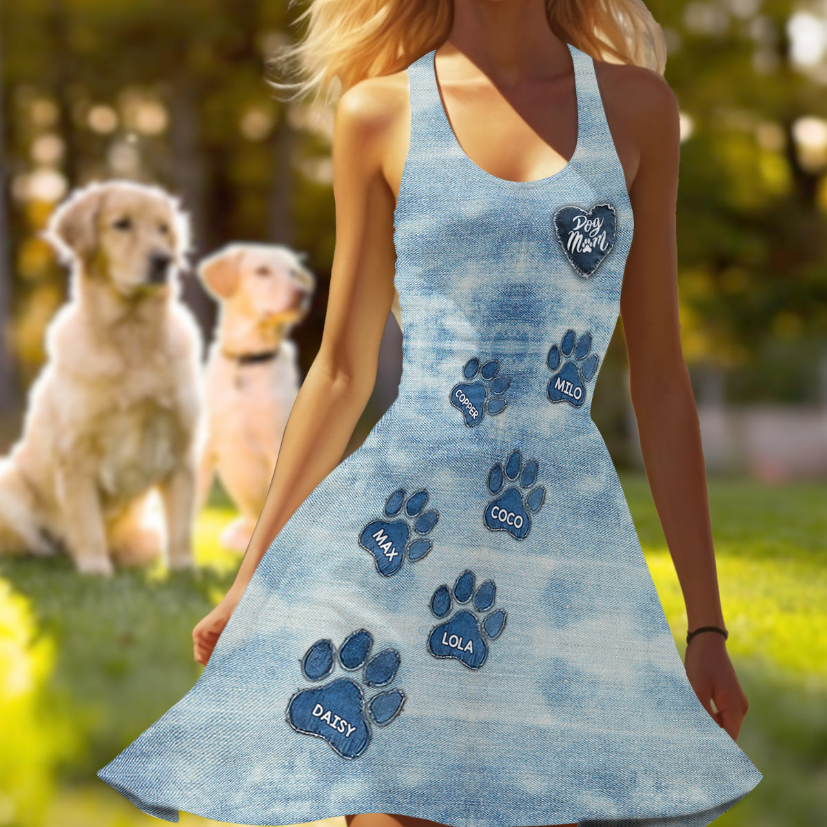 Dog Mom Denim Paw - Personalized Dog Sleeveless Dress