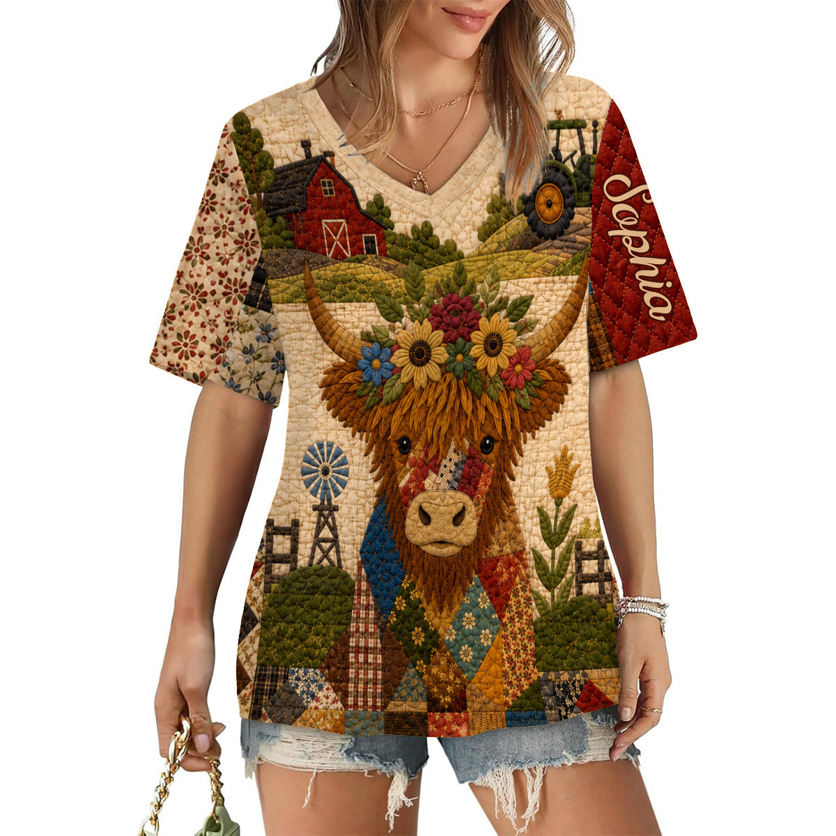 Highland Cow, Autumn Vibes - Personalized Highland Cow Fully Printed V-Neck T-Shirt