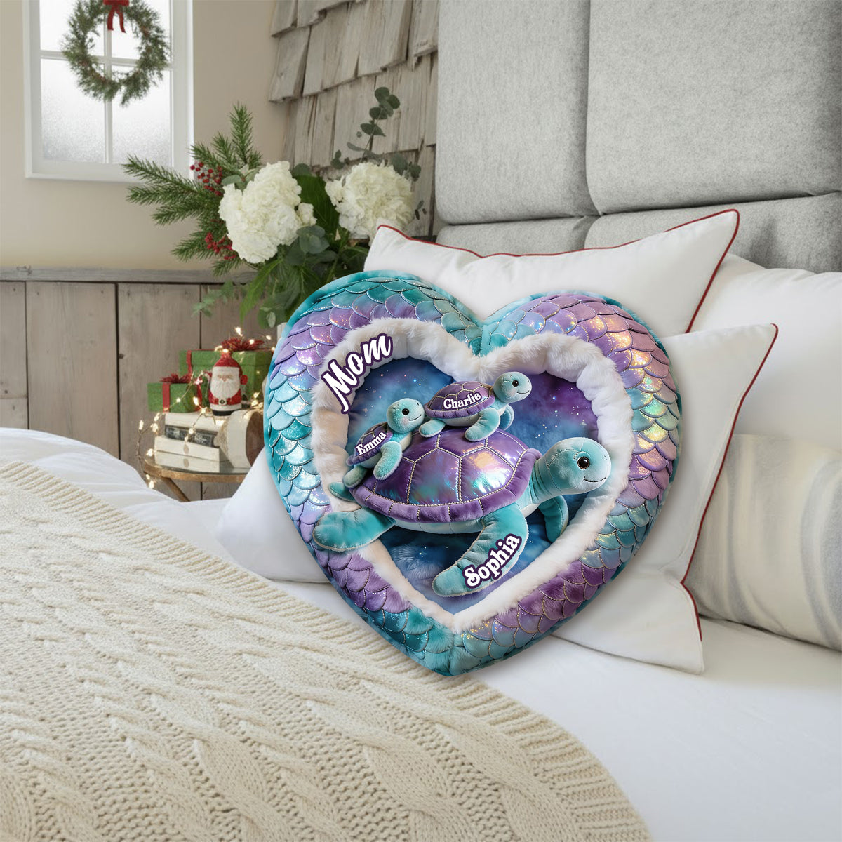 Cadeau pour grand-mère tortue - Coussin personnalisé en fausse fourrure en forme de tortue