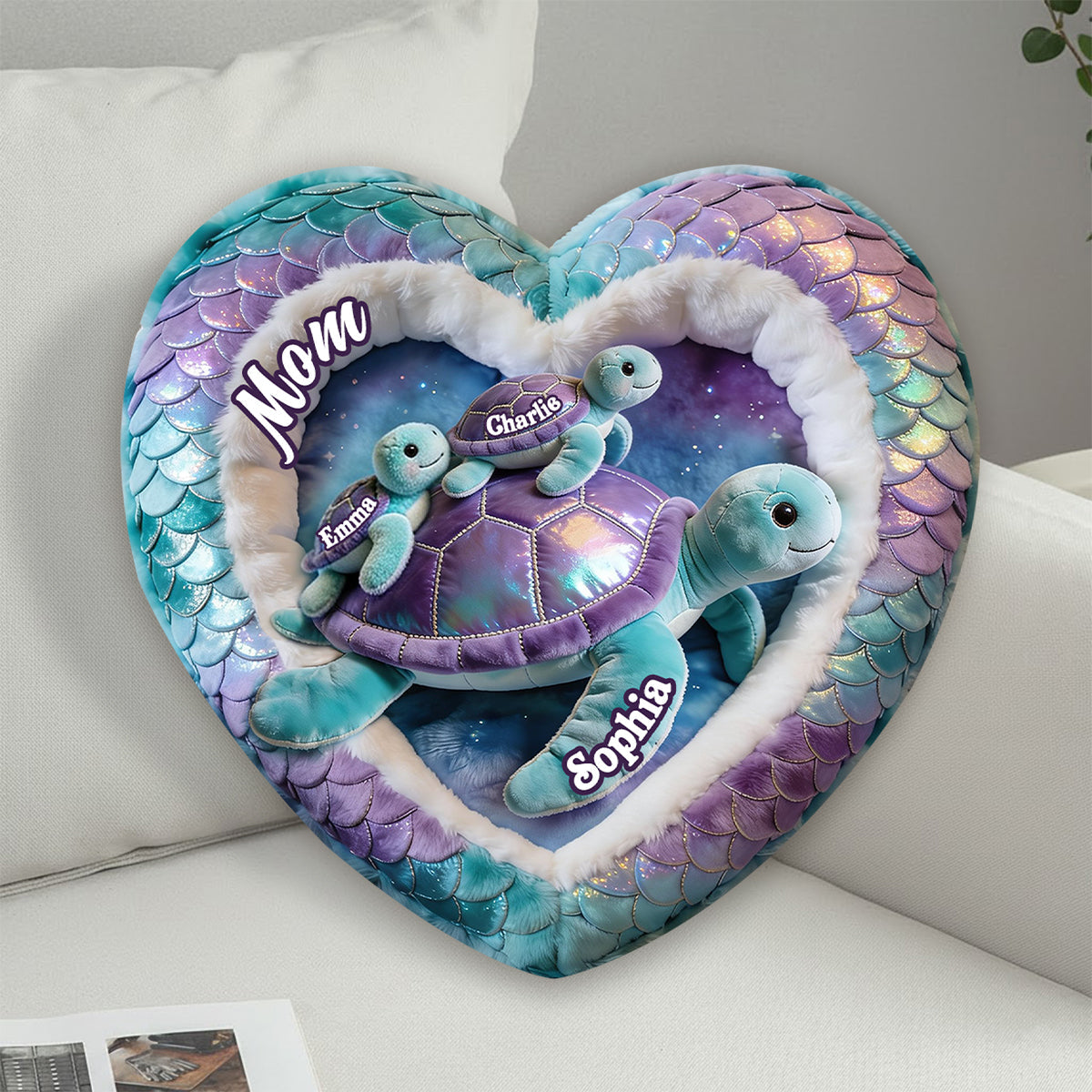 Cadeau pour grand-mère tortue - Coussin personnalisé en fausse fourrure en forme de tortue