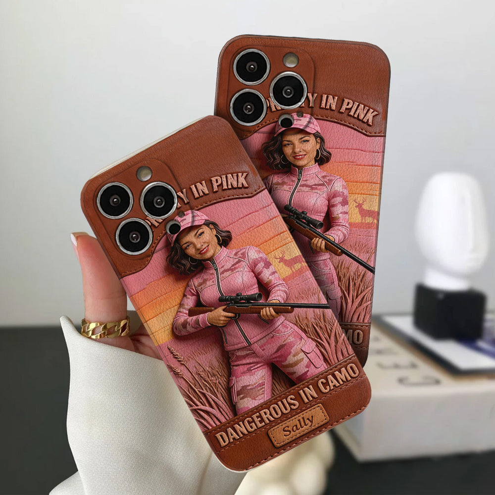 Étui de téléphone en cuir personnalisé avec n'importe quelle photo de chasse dangereuse en camouflage - Étui de téléphone de chasse en cuir personnalisé
