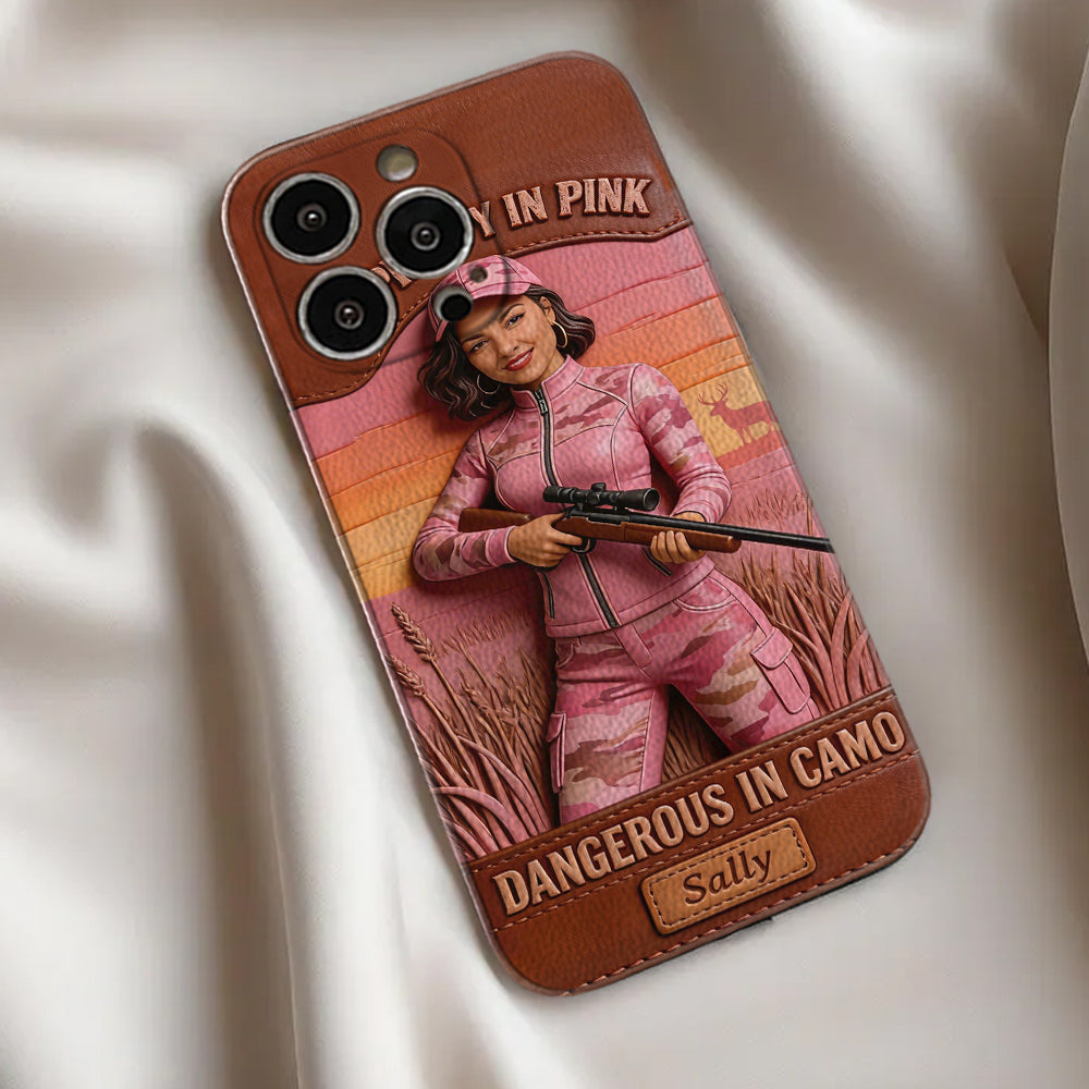 Étui de téléphone en cuir personnalisé avec n'importe quelle photo de chasse dangereuse en camouflage - Étui de téléphone de chasse en cuir personnalisé
