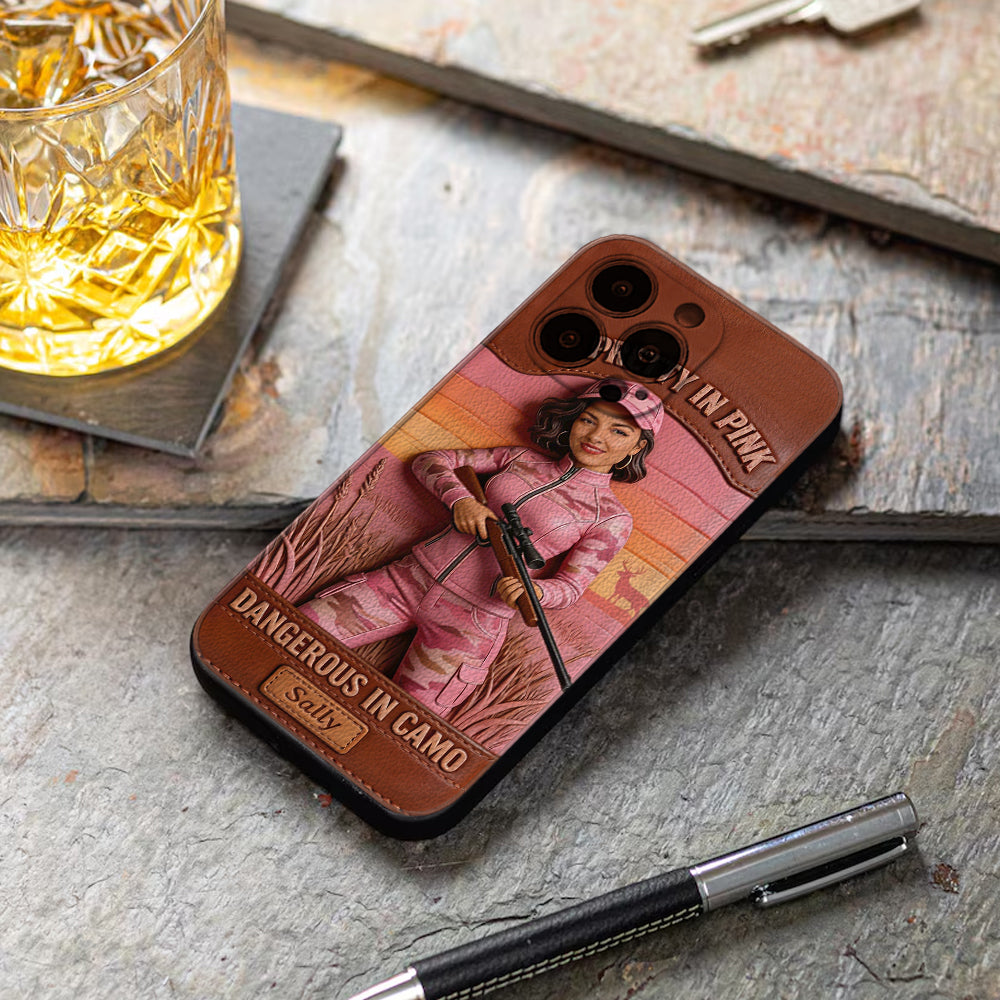 Étui de téléphone en cuir personnalisé avec n'importe quelle photo de chasse dangereuse en camouflage - Étui de téléphone de chasse en cuir personnalisé