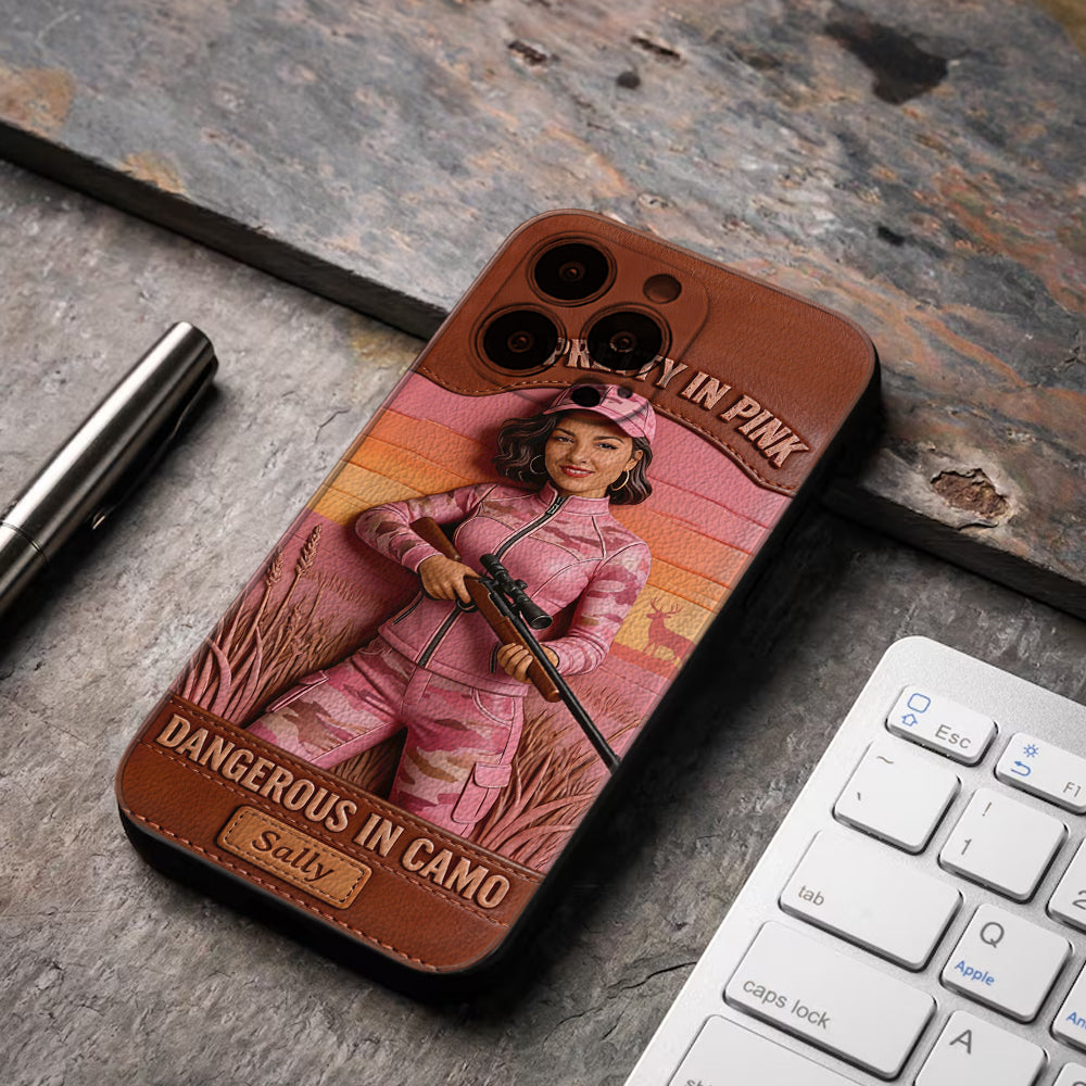 Étui de téléphone en cuir personnalisé avec n'importe quelle photo de chasse dangereuse en camouflage - Étui de téléphone de chasse en cuir personnalisé