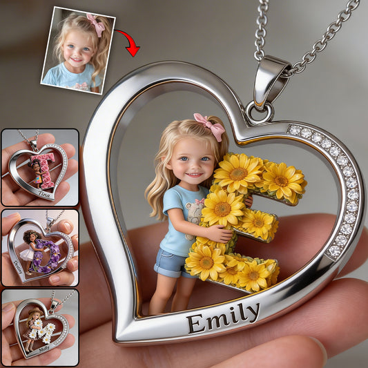 Custom Any Photo Floral Initial Name Letter - Personalized Kid Shaped Metal Pendant Necklace