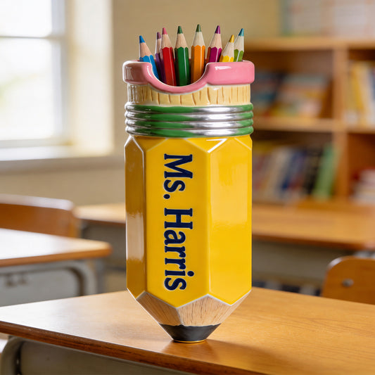 Cadeau de Professeur en Forme de Crayon - Organisateur de Bureau en Bois Personnalisé