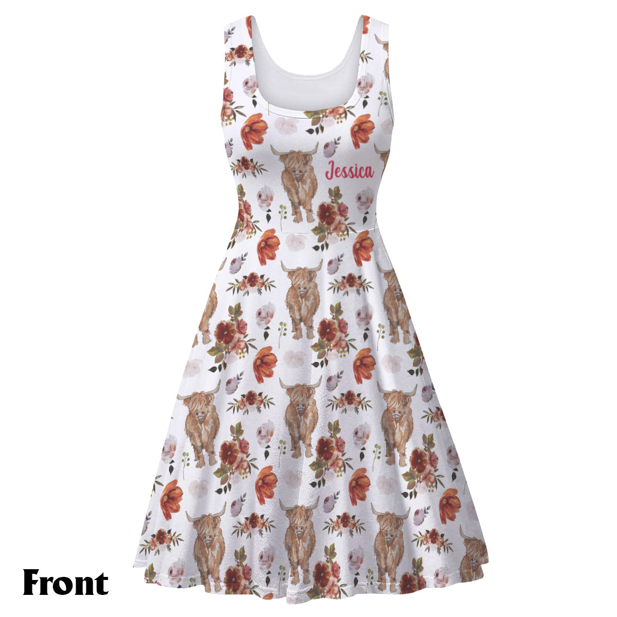Robe sans manches personnalisée à motif floral Highland Cow