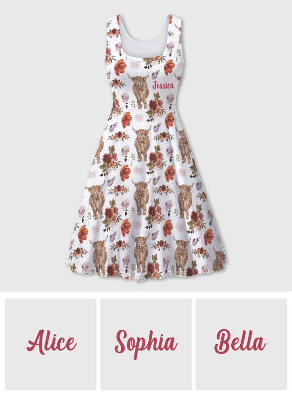 Robe sans manches personnalisée à motif floral Highland Cow