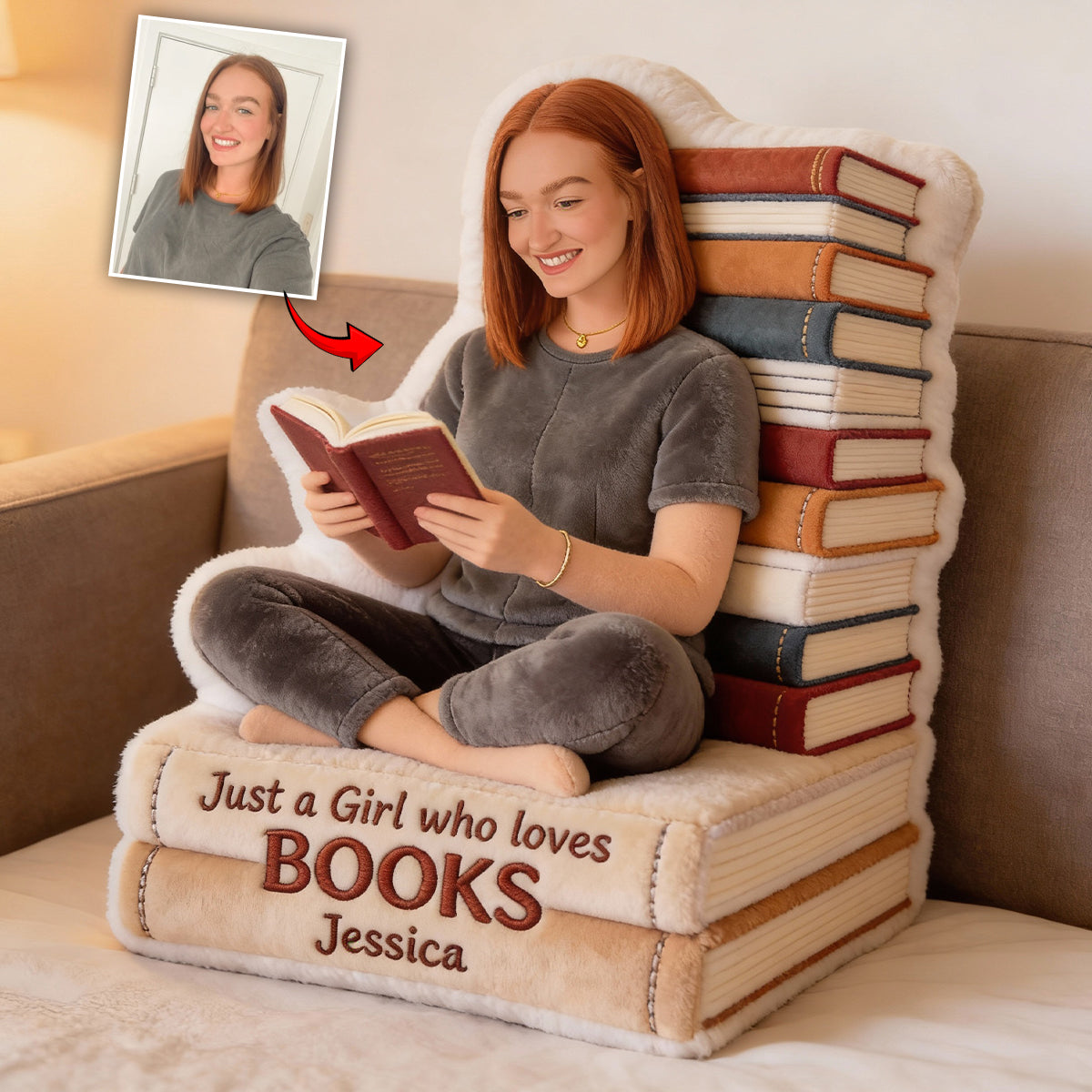Juste une fille qui aime les livres - Coussin personnalisé en forme de livre en fausse fourrure