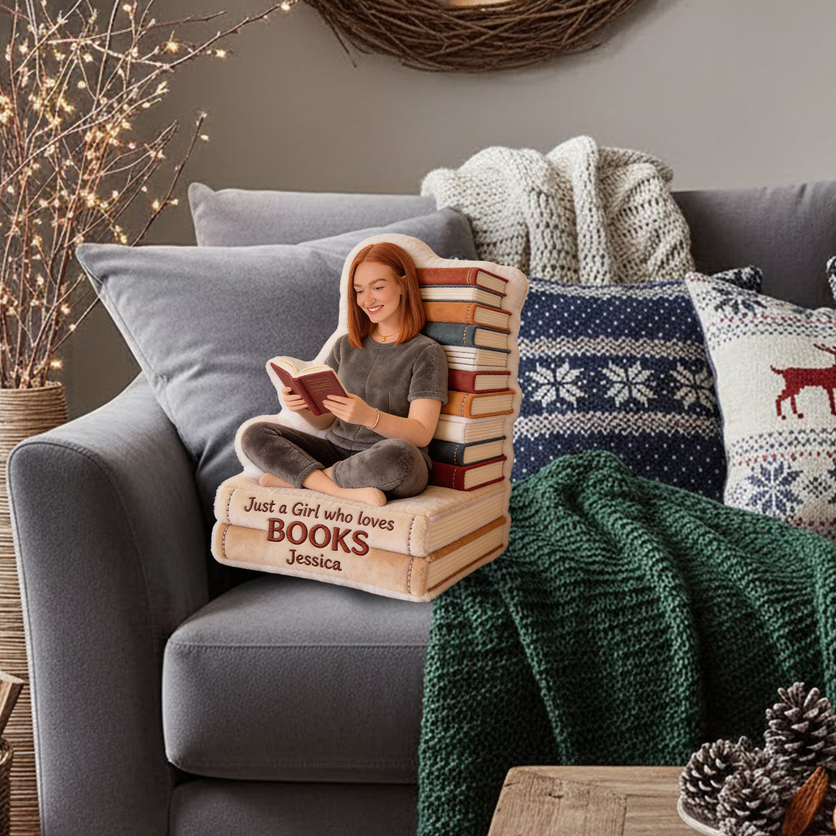 Juste une fille qui aime les livres - Coussin personnalisé en forme de livre en fausse fourrure