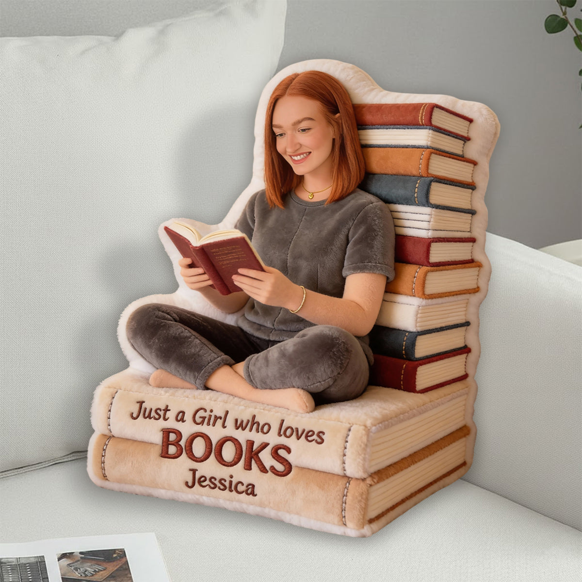Juste une fille qui aime les livres - Coussin personnalisé en forme de livre en fausse fourrure