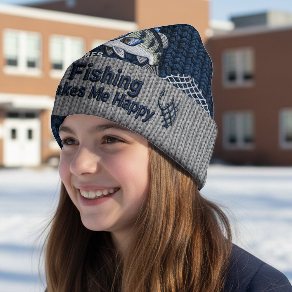 Fishing Make Me Happy - Personalized Fishing Beanie Hat