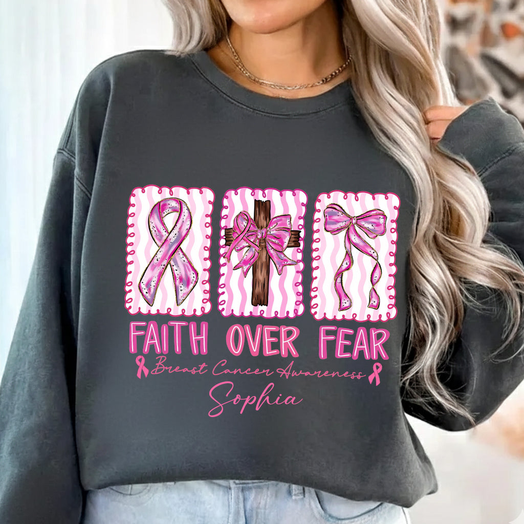 Faith Over Fear Breast Cancer Warrior - Personalized Breast Cancer Awareness T-shirt And Hoodie