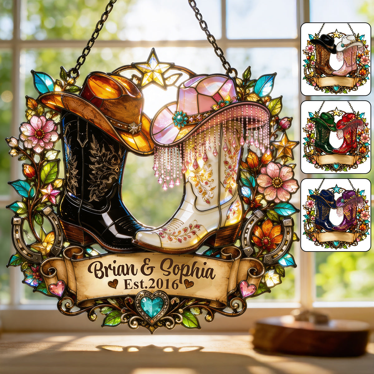 Western, Cowboy Cowgirl Paar Geschenk - Personalisierter Western Outfit Fensterhänger Suncatcher Ornament