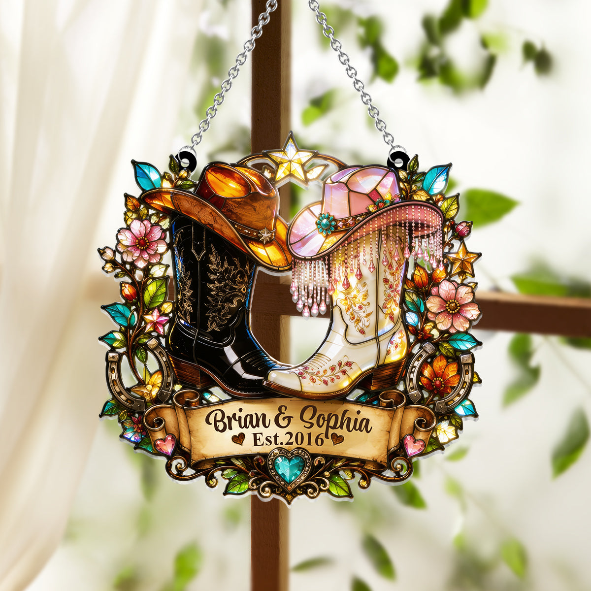 Western, Cowboy Cowgirl Paar Geschenk - Personalisierter Western Outfit Fensterhänger Suncatcher Ornament
