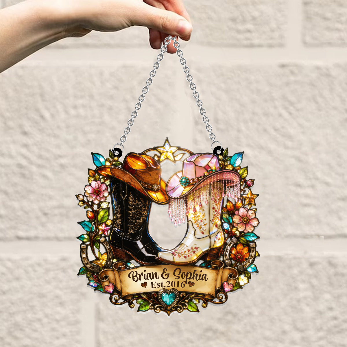 Western, Cowboy Cowgirl Paar Geschenk - Personalisierter Western Outfit Fensterhänger Suncatcher Ornament