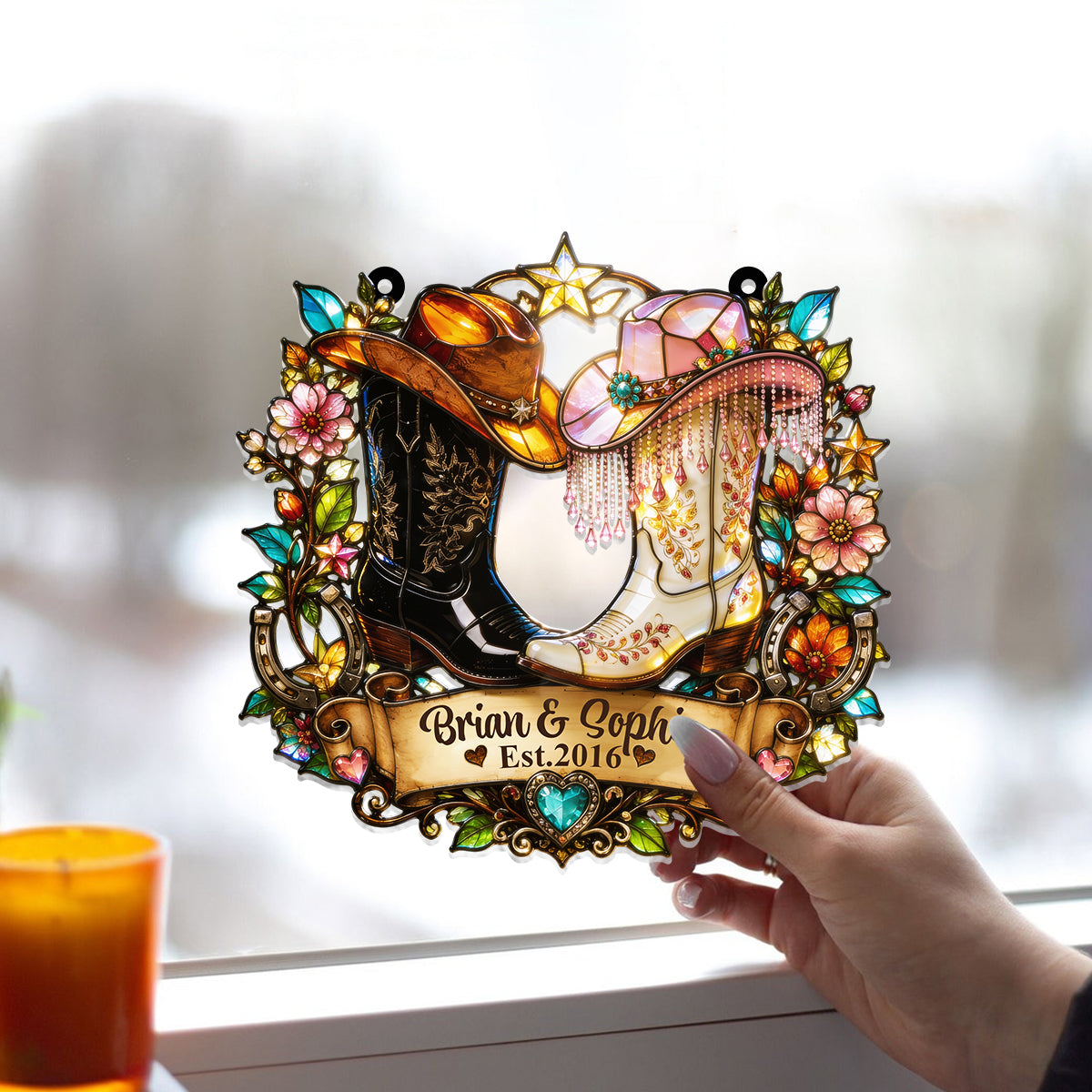 Western, Cowboy Cowgirl Paar Geschenk - Personalisierter Western Outfit Fensterhänger Suncatcher Ornament