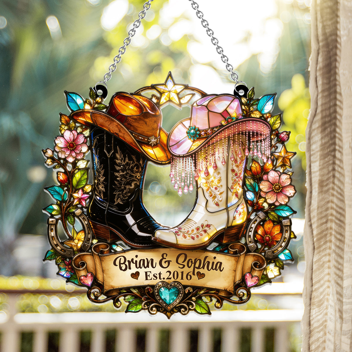 Western, Cowboy Cowgirl Paar Geschenk - Personalisierter Western Outfit Fensterhänger Suncatcher Ornament