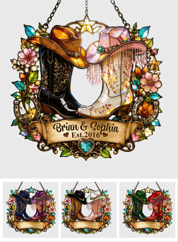Western, Cowboy Cowgirl Paar Geschenk - Personalisierter Western Outfit Fensterhänger Suncatcher Ornament