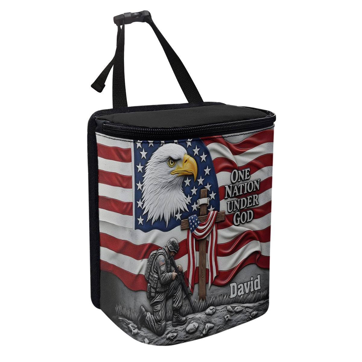 Eine Nation unter Gott – Personalisierter tragbarer Auto-Mülleimer/Organizer mit Weißkopfseeadler-Motiv