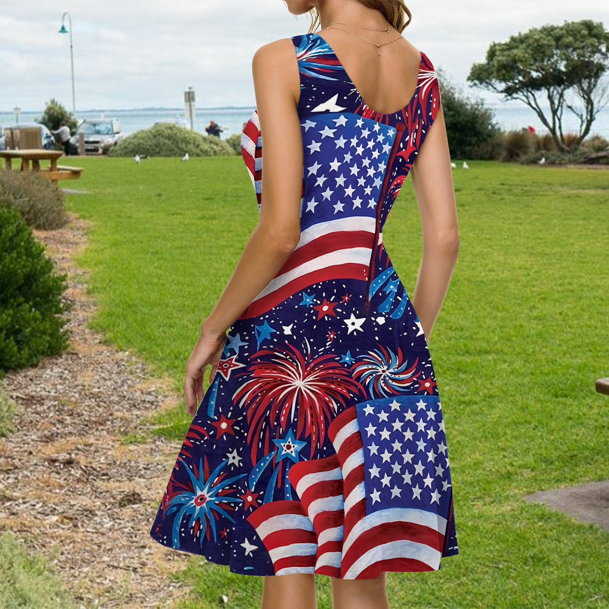 Amerikanische Frau – Personalisiertes ärmelloses Kleid zum Unabhängigkeitstag/4. Juli