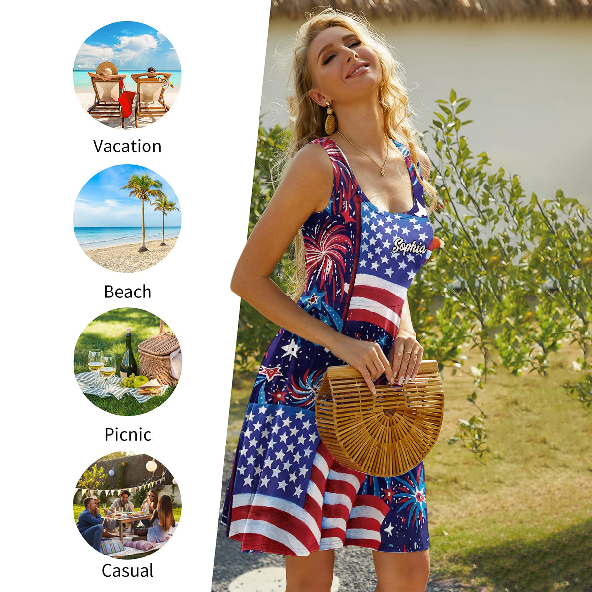 Amerikanische Frau – Personalisiertes ärmelloses Kleid zum Unabhängigkeitstag/4. Juli