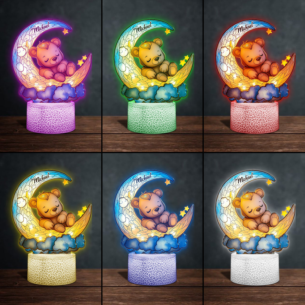Cute Bear On Crescent Moon - Personalized Kid Shaped Plaque Light Base