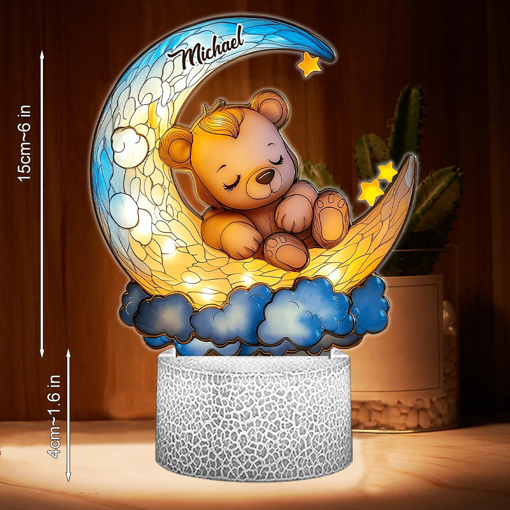 Cute Bear On Crescent Moon - Personalized Kid Shaped Plaque Light Base