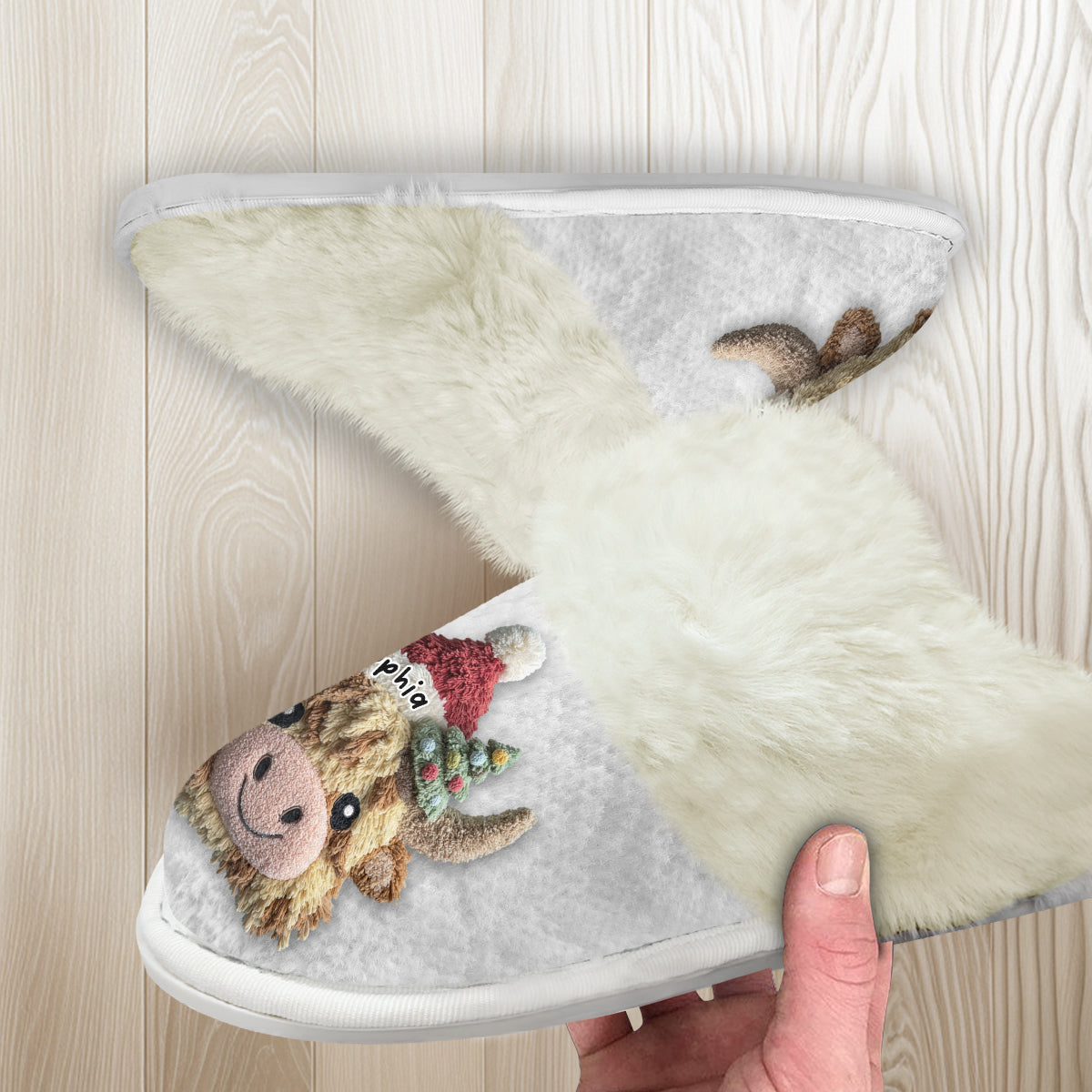 Niedliche Hochlandkuh - Personalisierte Hochlandkuh-Hausschuhe mit Fellfutter