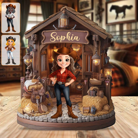 Cowgirl's Barn – Personalisierte, individuell geformte Holzplakette im Cowgirl-Stil