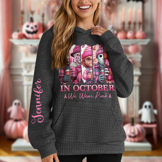 In October We Wear Pink Horror - Personalized Breast Cancer Awareness Waffle Hoodie