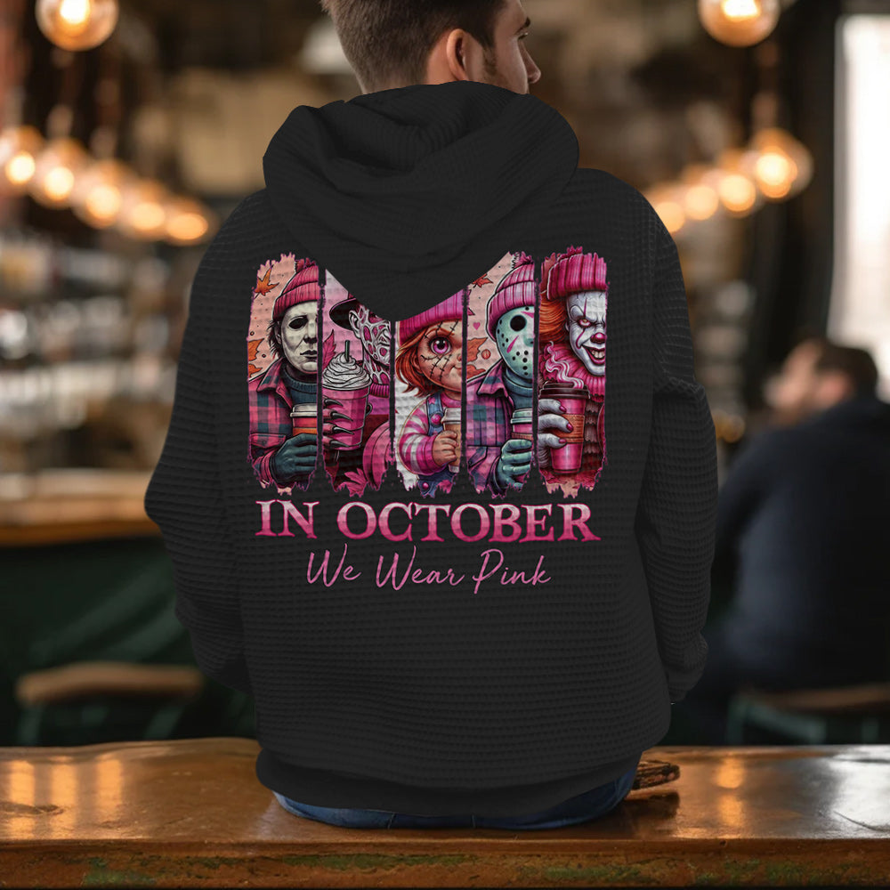 In October We Wear Pink Horror - Personalized Breast Cancer Awareness Waffle Hoodie