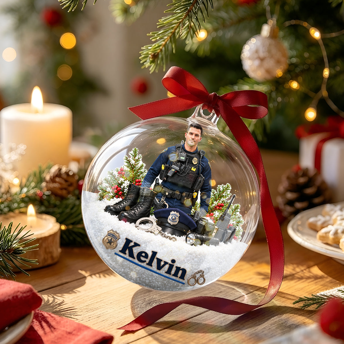 Merry Christmas - Personalized Police Officer Acrylic Ball Ornament