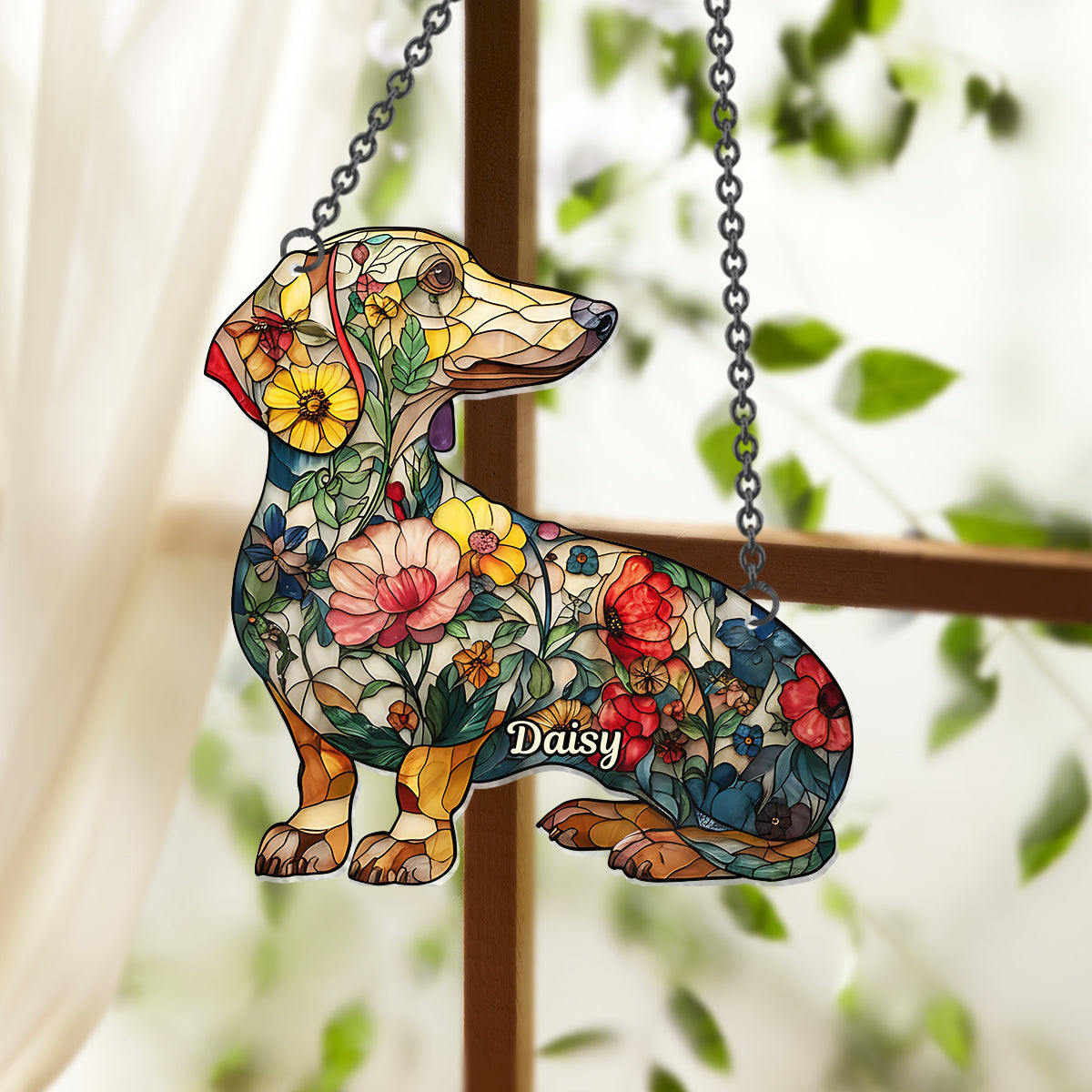 Floral Dogs - Personalized Dog Window Hanging Suncatcher Ornament