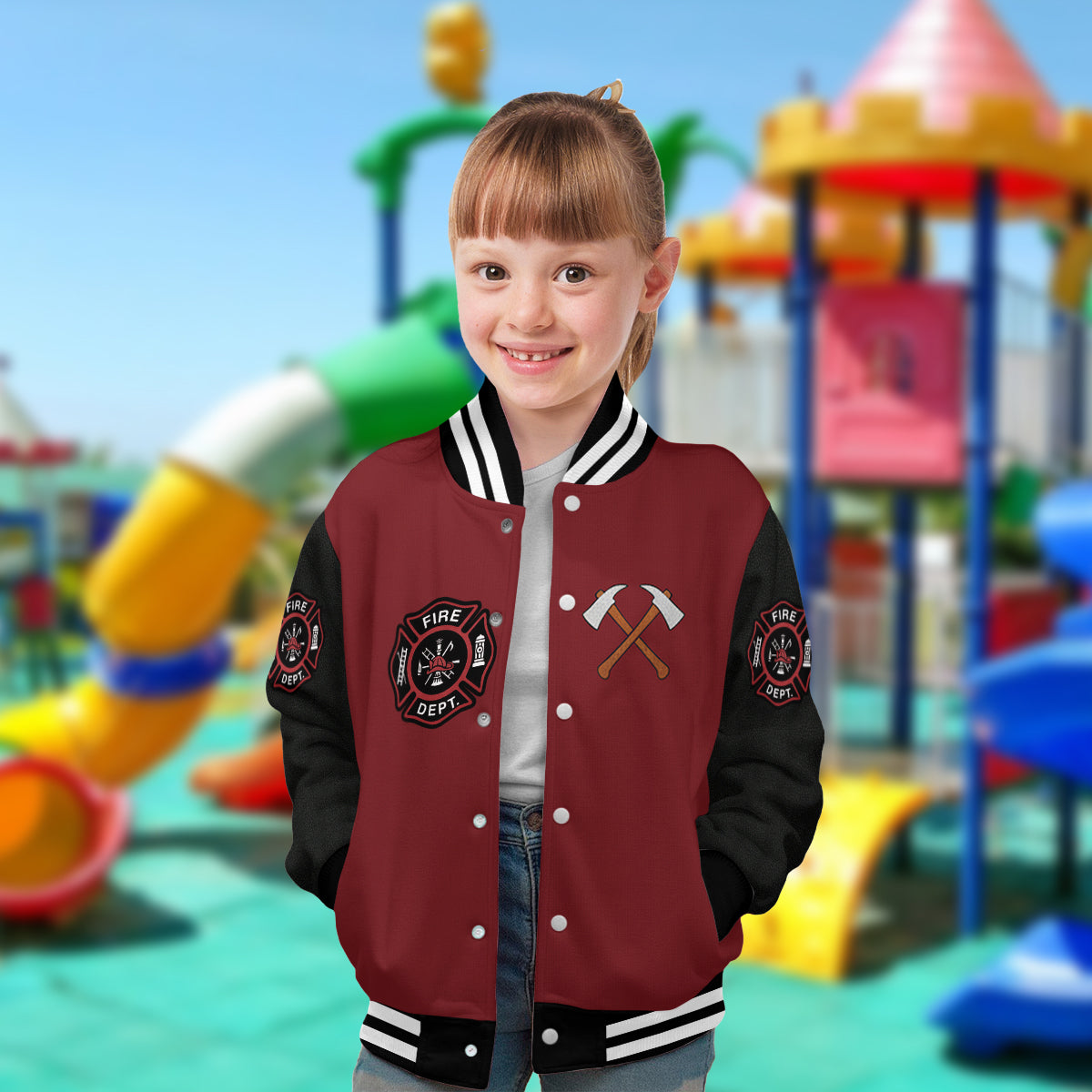 Individuell gestaltete Jacke mit Initialen für Feuerwehrleute – Personalisierte Feuerwehr-Collegejacke