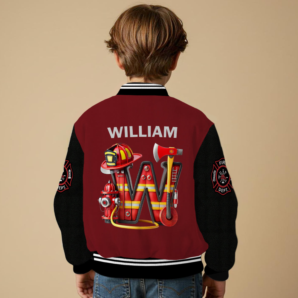 Individuell gestaltete Jacke mit Initialen für Feuerwehrleute – Personalisierte Feuerwehr-Collegejacke