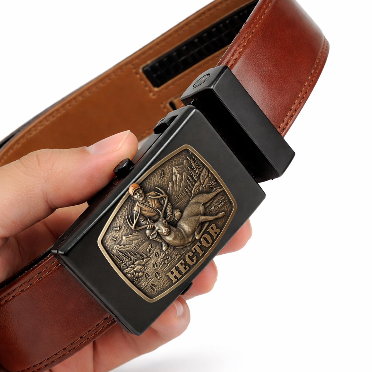 Custom Initial Name Letter Hunting Lover - Personalized Hunting Leather Belt With Shaped Buckle