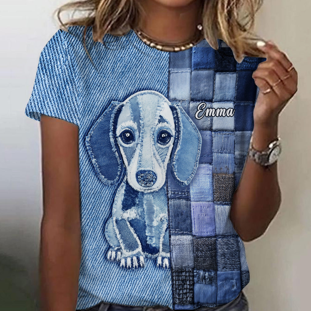 T-shirt personnalisé « J’adore les teckels » avec un chien.