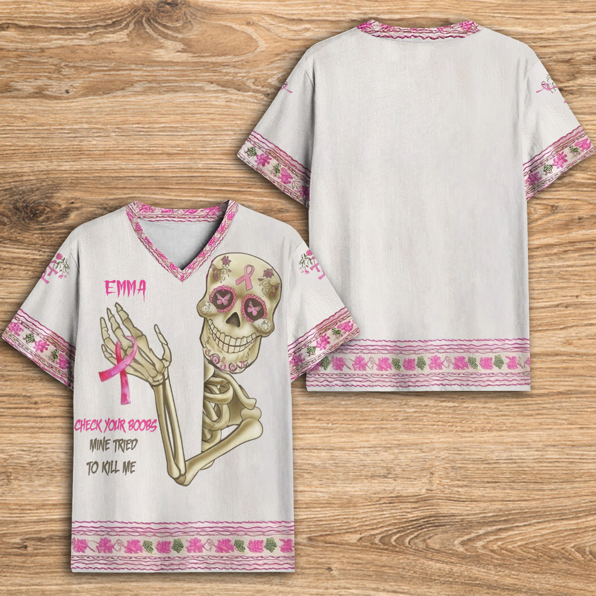 Check Your B, Mine Tried To Kill Me - Personalized Breast Cancer Awareness Fully Printed V-Neck T-Shirt