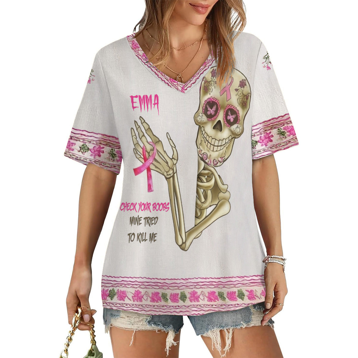 Check Your B, Mine Tried To Kill Me - Personalized Breast Cancer Awareness Fully Printed V-Neck T-Shirt