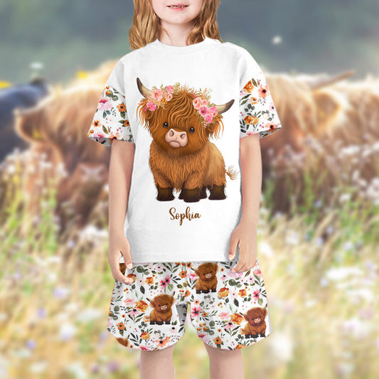 Floral Highland Cow - Personalized Highland Cow Kid T-shirt & Shorts