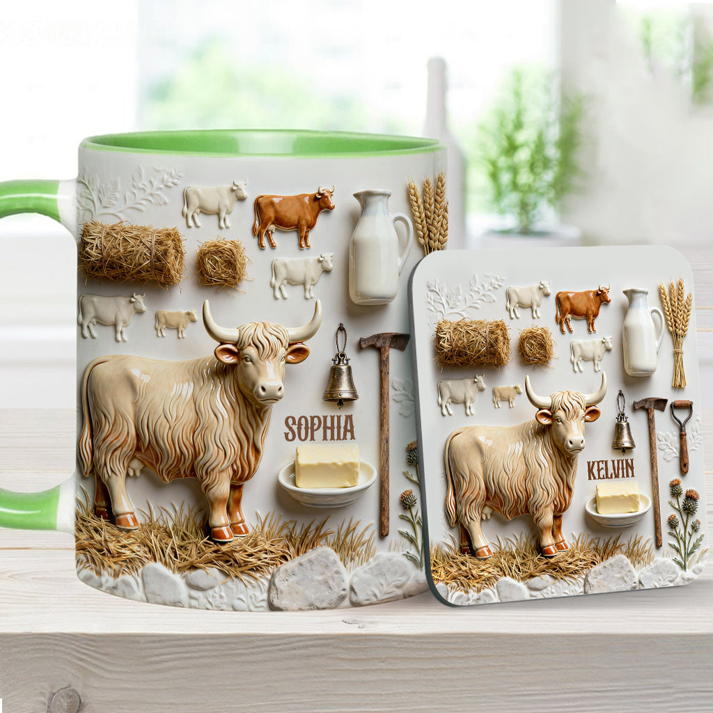 Cute Highland Cows - Personalized Highland Cow Accent Mug & Coaster