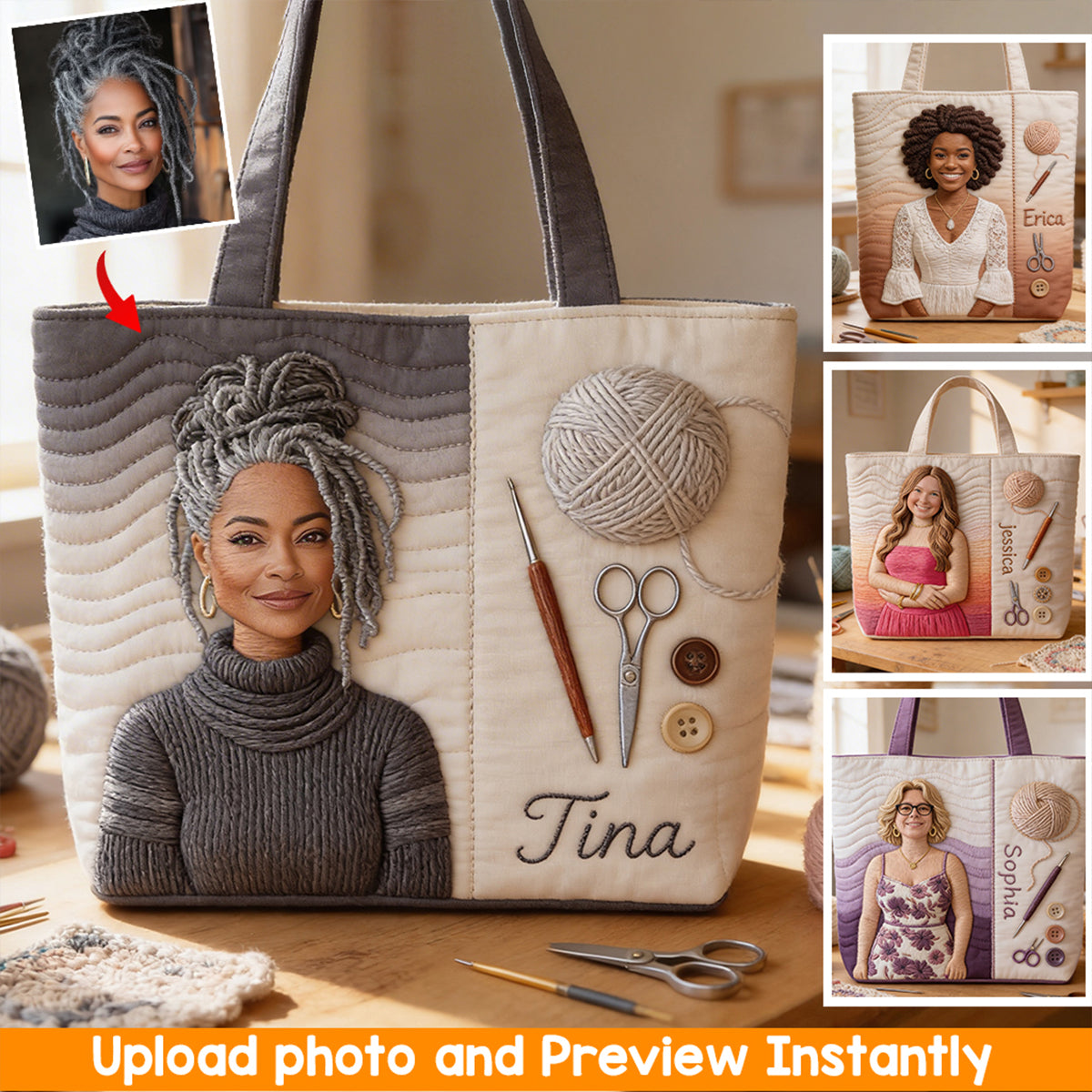 Custom Any Photo Love Crocheting - Personalized Crocheting Quilted Tote Bag